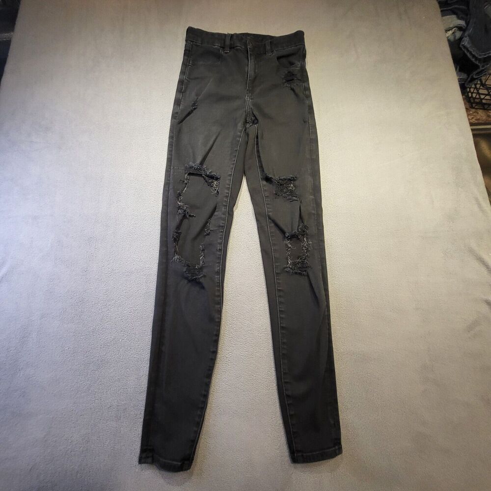 American Eagle Womens 2 Curvy High Rise Jeggings Black Stretch Distressed Denim
